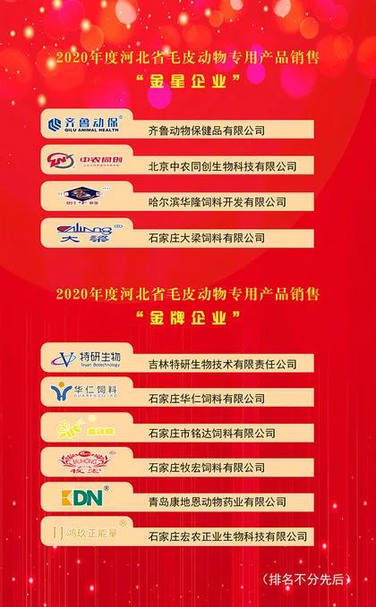 2020年度河北省毛皮动物专用产品销售 金星企业 金牌企业 产生